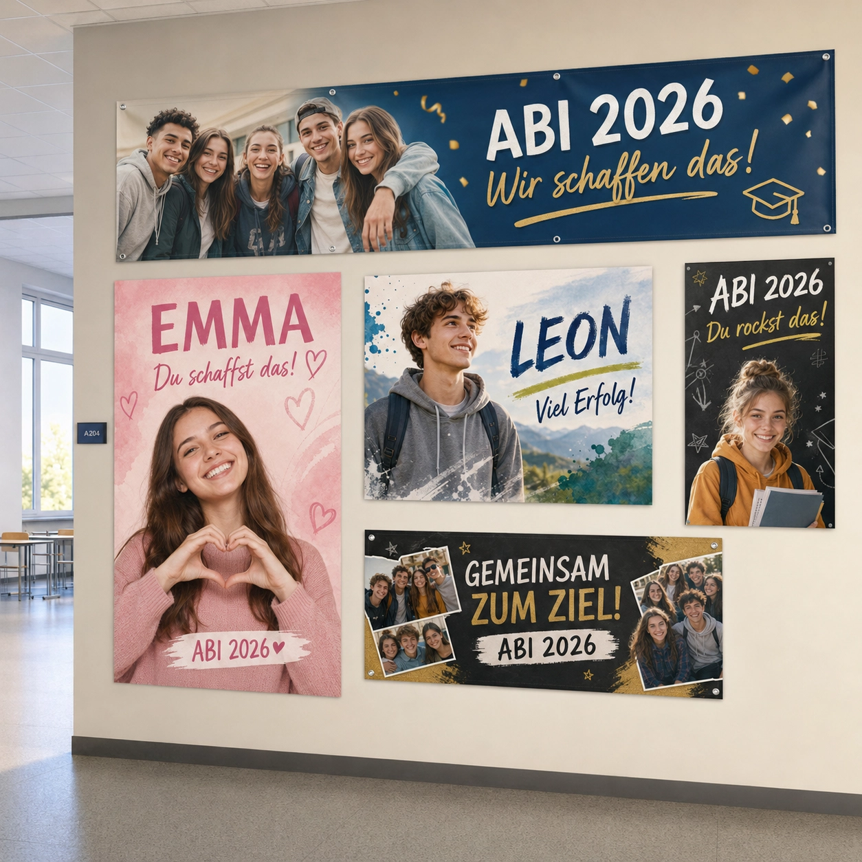 Individuelle ABI-Plakate in verschiedenen Größen an einer Schulwand in Neu-Isenburg